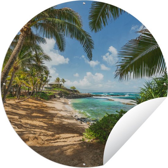 Tuincirkel Uitzicht op de zee tussen de palmbomen op Maui - 120x120 cm - Ronde Tuinposter - Buiten XXL / Groot formaat!