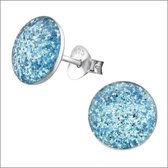 Aramat jewels ® - Zilveren oorbellen glitter rond 925 zilver blauw 9mm