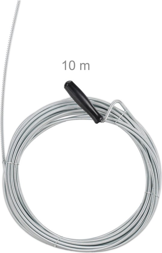 Ontstoppingsveer van 10 meter met zwarte handgreep, opgerold.