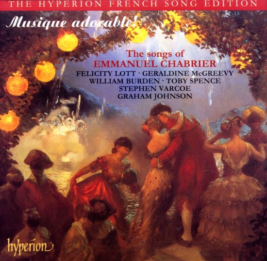 Albumhoes met schilderij van een balscène met dansend koppel. Titel: Musique adorable! The songs of Emmanuel Chabrier.