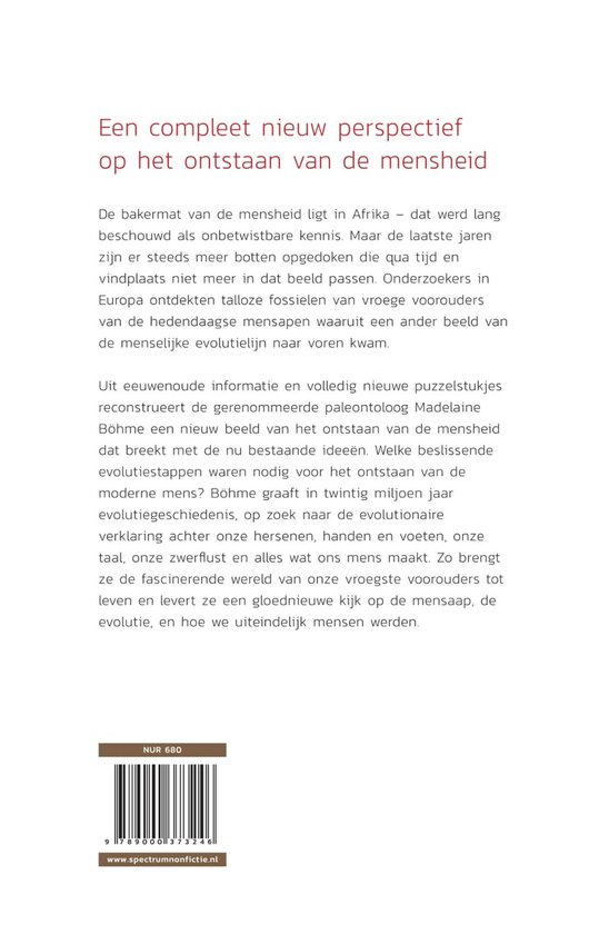 Boek met tekst "Een compleet nieuw perspectief op het ontstaan van de mensheid" en een barcode.