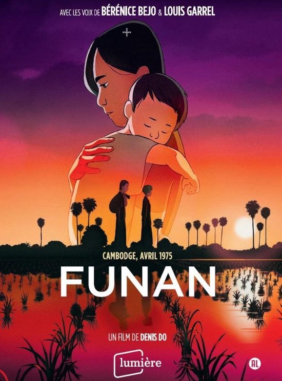 DVD-hoes met een vrouw die een kind omhelst tegen een zonsonderganglandschap met rijstvelden.