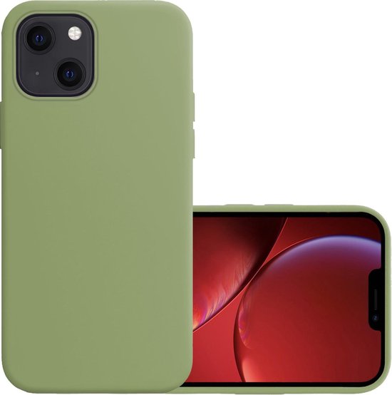 Coque verte en silicone pour iPhone 13 Mini, avec découpe pour double appareil photo.