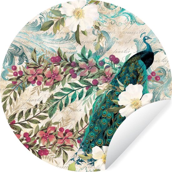 Wallpaper Circle - Fleurs - Art - Paon - 100x100 cm - Wall Circle - Auto-adhésif - Wallpaper Sticker XXL