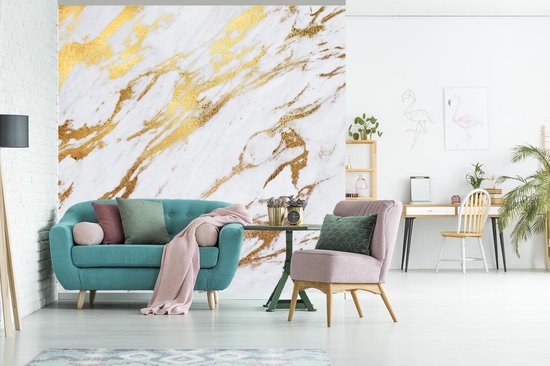 Papier Peint - Papier Papier peint photo Marbre - Wit - Or - Luxe - Largeur 300 cm x Hauteur 300 cm