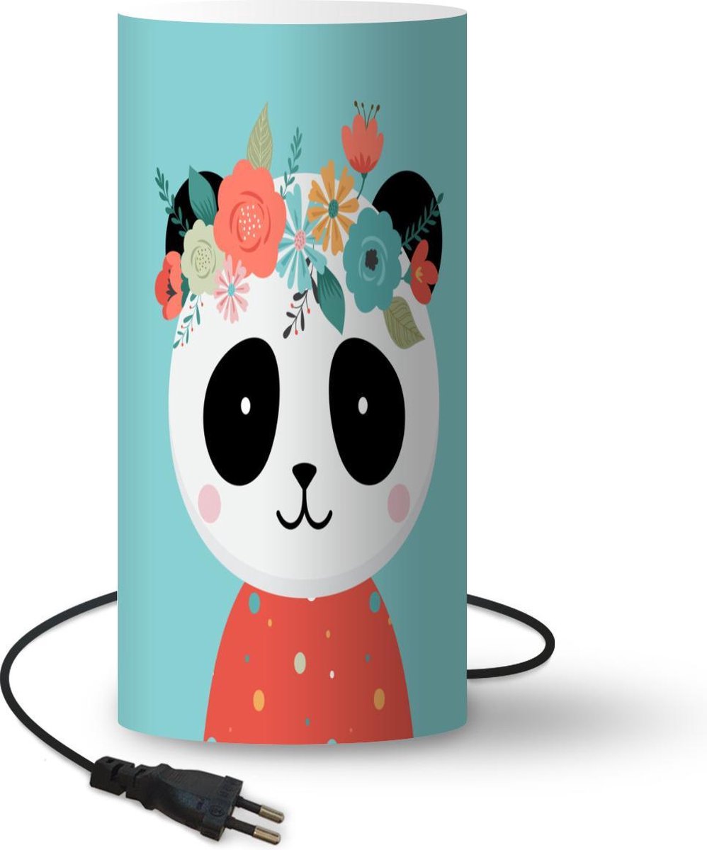 Lamp - Nachtlampje - Tafellamp slaapkamer - Panda - Bloemenkrans - Blauw - 33 cm hoog - Ø15.9 cm - Inclusief LED lamp