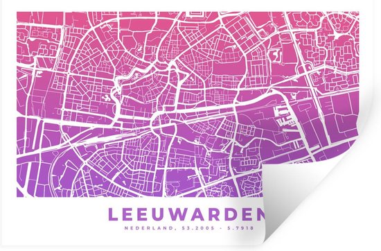 Stickers muraux - Plan de la Nederland - Leeuwarden - Pays-Bas - Violet - 90x60 cm - Feuille adhésive - Carte