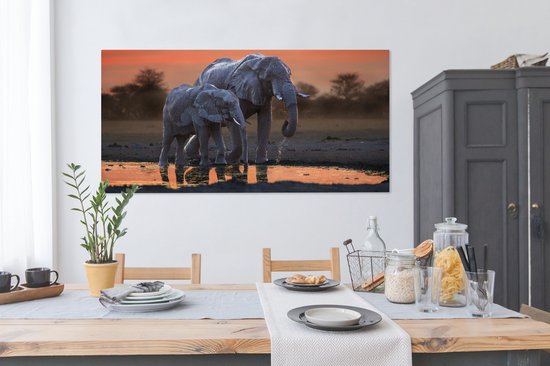 Tableau sur toile Deux éléphants au coucher du soleil - 160x80 cm - Décoration murale Art