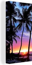 Canvas Schilderij Een silhouet van palmbomen tijdens een zonsondergang op Hawaii - 20x40 cm - Wanddecoratie