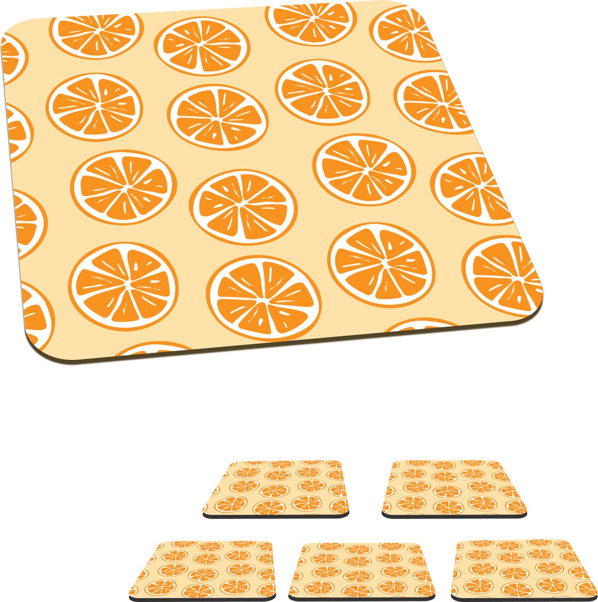 Onderzetters voor glazen - Fruit - Sinaasappel - Tropisch - 10x10 cm - Glasonderzetters - 6 stuks