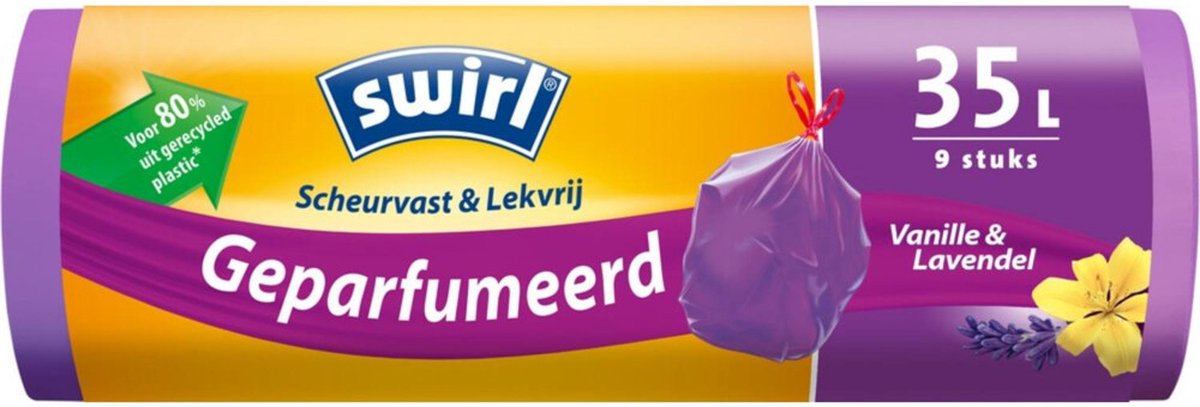 Swirl Pedaalemmerzakken Geparfumeerd Vanille & Lavendel met Trekband 35 liter 9 stuks