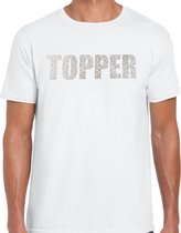 Glitter Topper t-shirt wit met steentjes/ rhinestones voor heren - Glitter kleding/ foute party outfit M