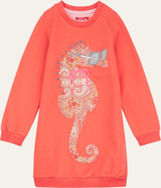 Duppel sweat dress 17 Plaincoral sweat with Seahorse application Orange: 98/3yr