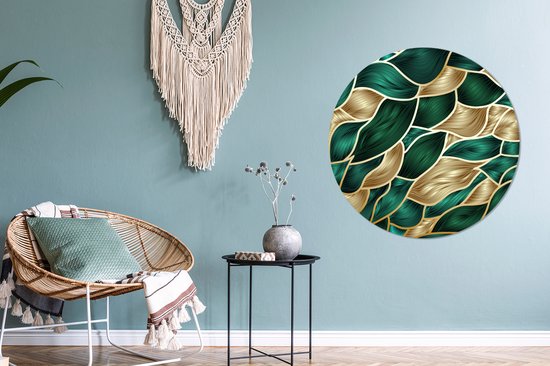 Abstrait avec papier peint cercle mural or et vert - 100x100 cm - peinture ronde - cercle de papier peint - cercle mural - cercle vivant - auto-adhésif et découpe ronde