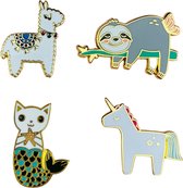 Bundel van Vier Schattige Dieren Broches | Trendy Animal Pins Set | Cadeau voor Meisjes | Sinterklaas | Kerstmis | Verjaardag | Eenhoorn | Alpaca | Luiaard | Zeemeermin | Unicorn |