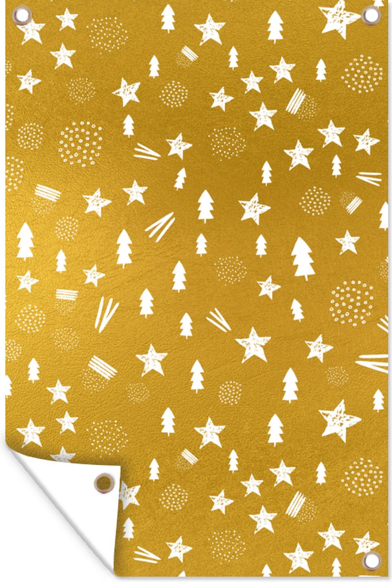 Tuinposter - Tuindoek - Tuinposters buiten - Kerstmis - Goud - Patronen - 80x120 cm - Tuin Kerst tuinposter met gouden patronen, 80x120 cm, geschikt voor buiten, van GreatGardenPosters.