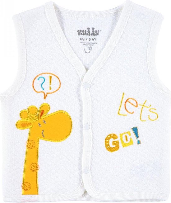 Wit babyvestje met ruitpatroon, gele giraffe met oranje manen en tekst 'Lets GO!'