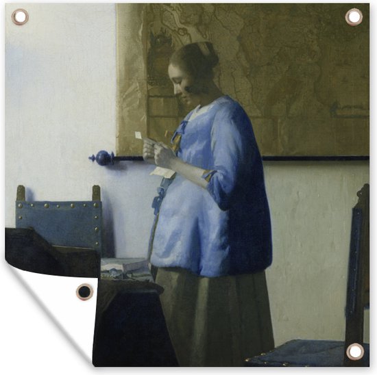 Tuindoek Brieflezende vrouw in het blauw - Johannes Vermeer - 100x100 cm