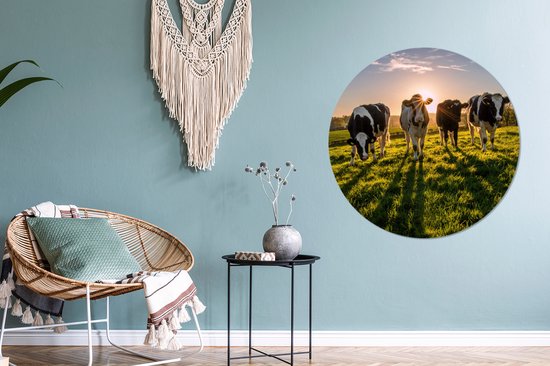 WallCircle - Stickers muraux - Cercle de papier peint - Vache - Herbe - Soleil - 100x100 cm - Cercle mural - Autocollant - Sticker papier peint rond XXL