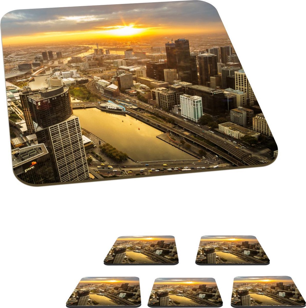 Onderzetters voor glazen - Melbourne - Australië - Skyline - 10x10 cm - Glasonderzetters - 6 stuks