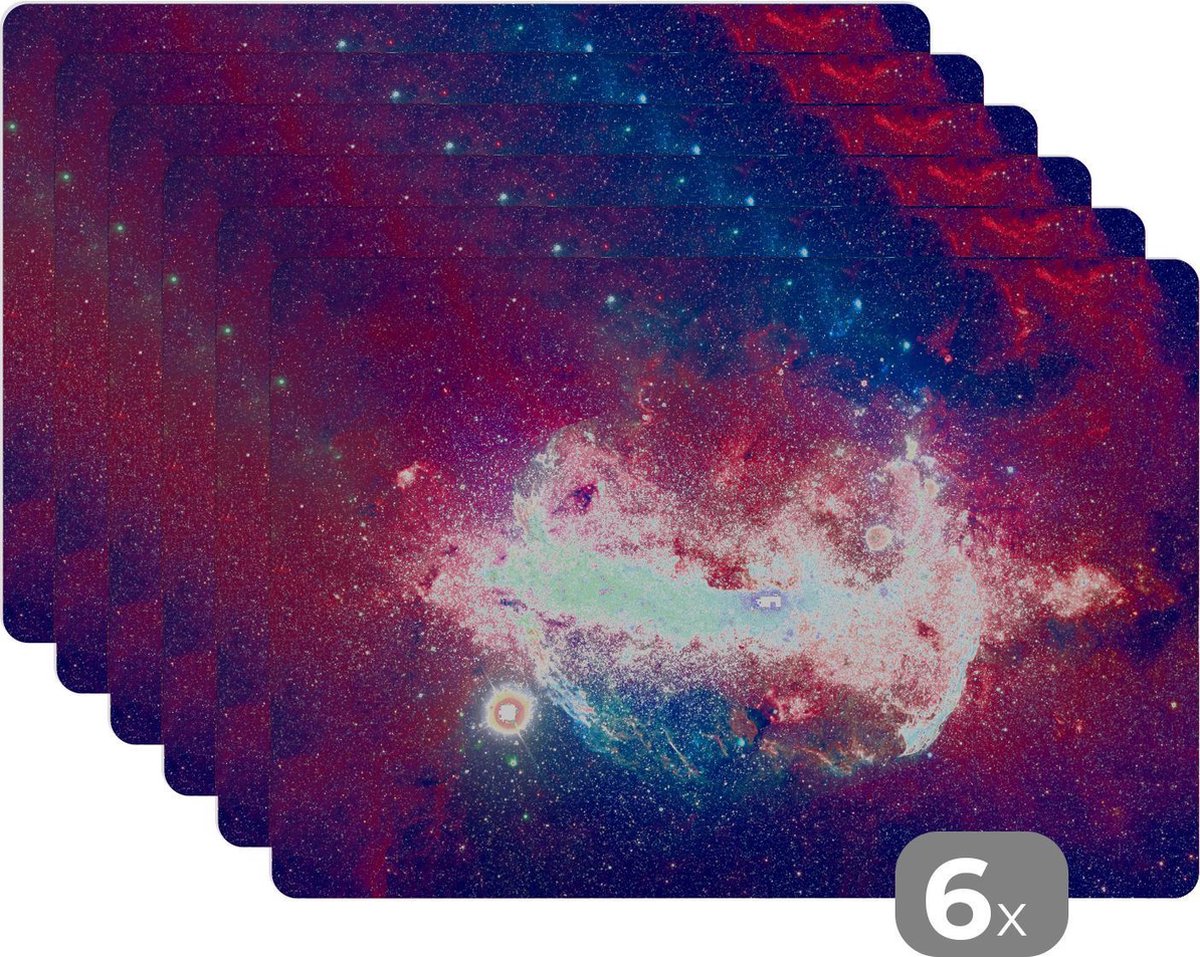 Placemat kinderen - Placemat - Placemats kunststof - Ruimte - Sterren - Oranje - 45x30 cm - 6 stuks - Hittebestendig - Anti-Slip - Onderlegger - Afneembaar