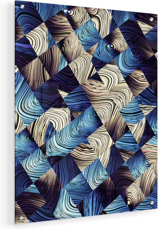 Artaza Glasschilderij - Abstracte Kunst met Blauwe en Gouden Ruiten - 40x50 - Plexiglas Schilderij - Foto op Glas
