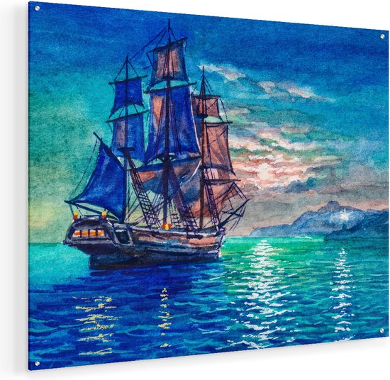 Artaza Glasschilderij - Oude Piratenschip Zeilboot Getekend - 100x80 - Groot - Plexiglas Schilderij - Foto op Glas