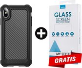 Backcover Shockproof Carbon Hoesje iPhone X Zwart - Gratis Screen Protector - Telefoonhoesje - Smartphonehoesje