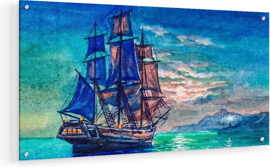 Artaza Glasschilderij - Oude Piratenschip Zeilboot Getekend - 60x30 - Klein - Plexiglas Schilderij - Foto op Glas