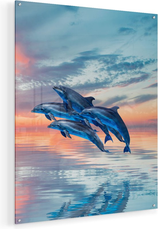 Artaza Glasschilderij - Groep Dolfijnen Springen uit het Water - 80x100 - Groot - Plexiglas Schilderij - Foto op Glas