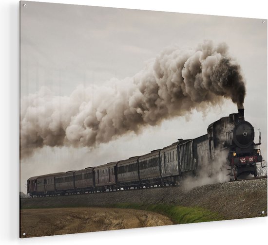 Artaza Glasschilderij - Locomotief Trein met Rook Wolken - 120x90 - Groot - Plexiglas Schilderij - Foto op Glas
