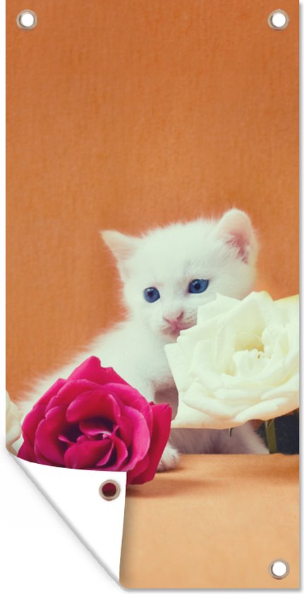 Wanddecoratie buiten Kat - Rozen - Bloemen - 80x160 cm - Tuindoek - Buitenposter