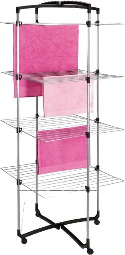 Zilverkleurige droogtoren met 4 etages, met roze en lichtroze handdoeken erop.