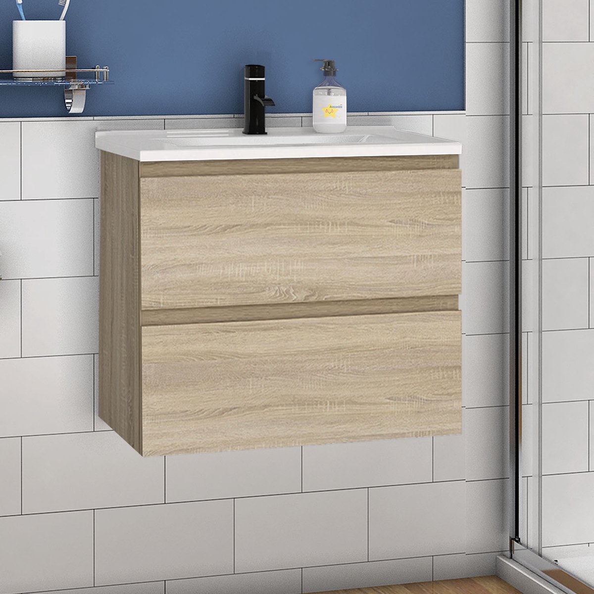Wastafelonderbouw met onderkast 60 cm badkamermeubels met wastafel dun keramisch gastentoilet eiken mat