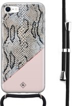 iPhone SE 2020 hoesje met koord - Snake print roze | Apple iPhone SE (2020) crossbody case | Zwart, Transparant | Slangenprint