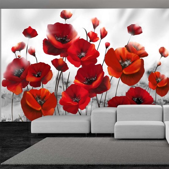 343cm X 245cm - Zelfklevend fotobehang - Rode Klaprozen, 8 maten, premium print