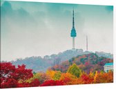 De Namsan Seoul Tower achter een herfstdecor in Korea - Foto op Canvas - 90 x 60 cm
