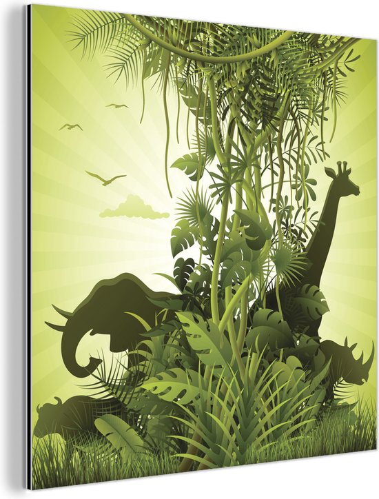 Wanddecoratie Metaal - Aluminium Schilderij Industrieel - Groene illustratie van Afrika met wilde dieren - 20x20 cm - Dibond - Foto op aluminium - Industriële muurdecoratie - Voor de woonkamer/slaapkamer