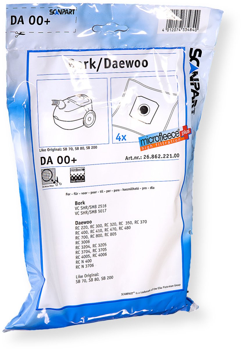 Scanpart stofzuigerzakken 4 stuks - Geschikt voor Bork Daewoo - SB70 SB80 SB200 - Inclusief 1 filter - Alternatief