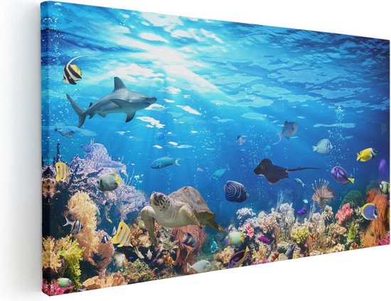 Foto: Artaza canvas schilderij vissen met koraalrif onder water 100x50 groot foto op canvas canvas print