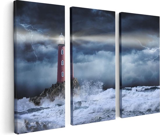 Artaza Canvas Schilderij Drieluik Vuurtoren op een Storm Zee met Golfen Water - 120x80 - Foto Op Canvas - Canvas Print