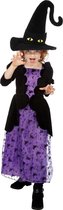 Heks & Spider Lady & Voodoo & Duistere Religie Kostuum | Heks Paars Met Zwarte Kat Hoed | Meisje | Maat 104 | Halloween | Verkleedkleding