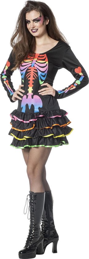 Wilbers & Wilbers - Spook & Skelet Kostuum - Funky Skelet Rainbow - Vrouw - Multicolor - Maat 36 - Halloween - Verkleedkleding