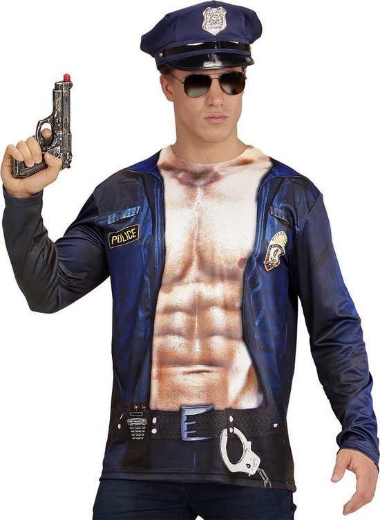 Widmann - Politie & Detective Kostuum - T-Shirt Lange Mouwen Potige Politie Man - Blauw, Beige - Medium / Large - Carnavalskleding - Verkleedkleding