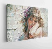 Canvas schilderij - Beautiful pensive young girl with flower in her hair. Created in expressive manner and light colors, palette knife technique of oil painting and brush.  -     1