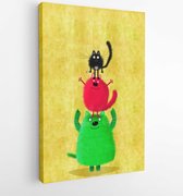 Canvas schilderij - A funny card with three colorful sporty cats making pyramid standing on the yellow background. -   1559487653 - 80*60 Vertical