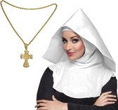 Nonnen carnaval verkleed setje van hoofdkap kraag en gouden kruis aan ketting - Verkleedkleding - Vrijgezellenfeestje dames