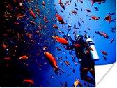 Man neemt een duik met een school rode vissen poster 160x120 cm - Foto print op Poster (wanddecoratie woonkamer / slaapkamer) XXL / Groot formaat!