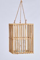 Kandelaars - lantaarn bamboe 28x28x38cm met glas - natural - 28x28x38