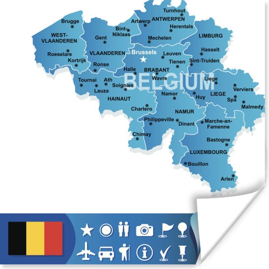 Poster Een illustratie van een kaart van België en haar grote steden - 100x100 cm XXL